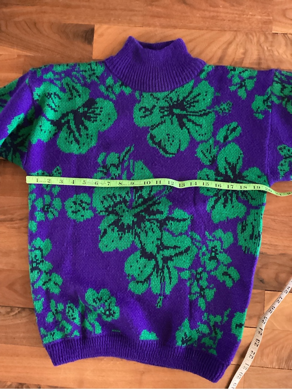 1980’s Esprit Purple Turtleneck Sweater with Green Floral Jacquard - Picture 7 of 8